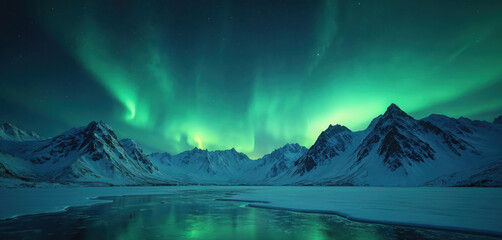Aurora borealis shines over snow mountains. Northern lights fill dark night sky. Winter landscape, frozen lake reflects colorful light. Nature phenomenon in scenic landscape at night.
