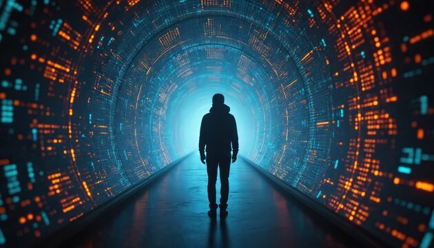Silhouetted person walks down a futuristic digital corridor with vibrant blue and orange lights. Advanced technology and data surround the individual. Bright light shines at the end of the tunnel.