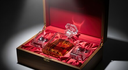 Elegant whiskey decanter set in luxury wooden box with red silk lining