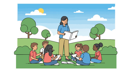 Elementary School Teacher Reading a Book Outdoors to a Diverse Group of Young Students Engaged in Learning and Drawing