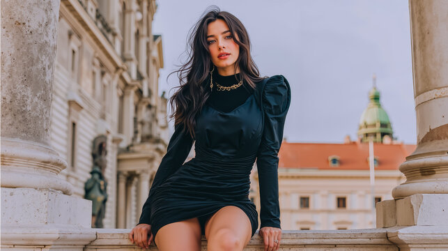 A woman in a black dress with a high neckline and a choker necklace sitting on a stone ledge with her legs crossed looking over her shoulder at the camera