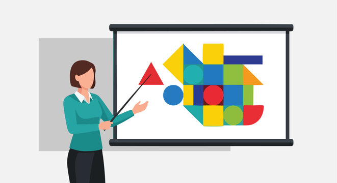 Female Instructor Pointing to a Large Screen Displaying a Colorful Geometric Shapes Composition during a Presentation or Educational Lecture.