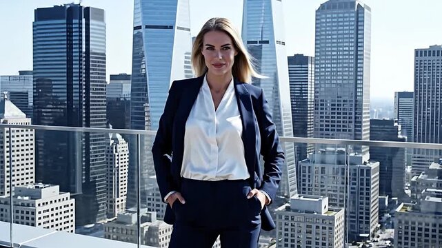 Confident Young Businesswoman Posing on Rooftop Overlooking Modern City Skyline at Daytime Professional Female Executive in Urban Corporate Environment