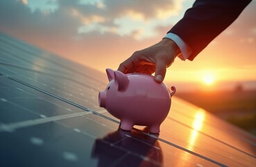 Hand places pink piggy bank on solar panel at sunrise. Man saves money for renewable energy investment. Concept of financial growth with eco friendly power generation.