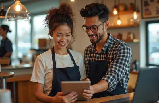 Young smiling baristas use tablet in small modern cafe. Happy man, woman analyze sales data, customer feedback, daily operations. Entrepreneurial duo efficiently manages growing venture, ensuring - Powered by Adobe