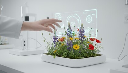 Futuristic hand interacting with digital plant display in laboratory native wildflower patch