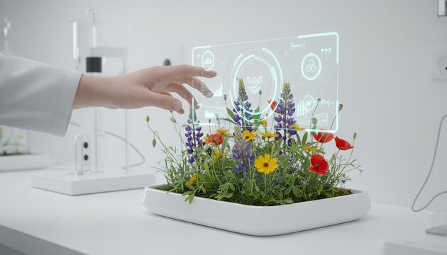 Futuristic hand interacting with digital plant display in laboratory native wildflower patch