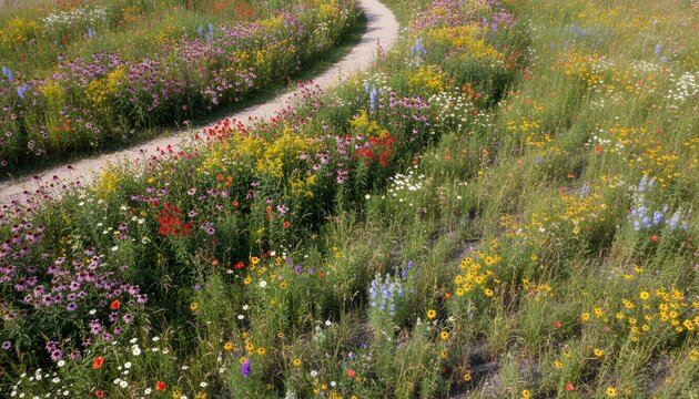 Vibrant wildflower field with winding path and lush greenery native wildflower patch