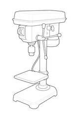 A simple black and white line art vector illustration of a drill press machine. Isolated outline icon of stationary workshop power tool equipment.