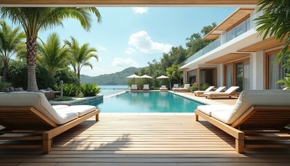 Obraz premium Luxury villa with pool and sun loungers near the sea. Modern resort with palm trees, calm blue water and green hills. Perfect vacation spot.