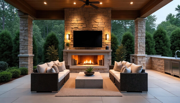Luxurious outdoor patio features fireplace TV comfortable seating. Modern design blends with nature creating relaxing entertainment space. Smart home integration provides control of lighting audio,