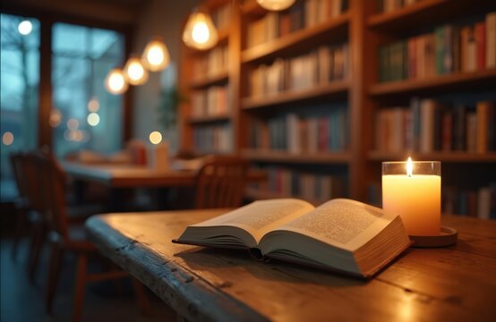 Open book lies on rustic wooden table alongside burning candle. Cozy library setting features bookshelves, ambient lighting creating warm atmosphere. This photo can be used for reading, studying.