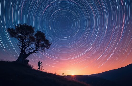 Photographer uses tripod camera to capture star trails at night. Bright colorful stars spin in sky over tree silhouette on hill. Sunset light glows at horizon. Man enjoys astro photo.