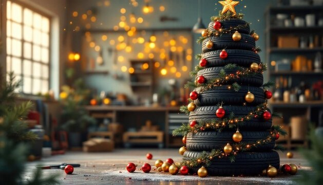 Creative tire christmas tree with festive ornaments in cozy workshop setting
