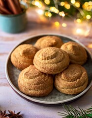Collection of photos featuring warm golden snickerdoodles coated in cinnamon sugar on a festive holiday plate with glowing lights, cozy winter ambiance, and inviting seasonal dessert charm.