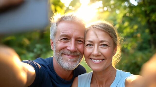 Happy active mid-aged couple taking selfie in park or in nature outdoors, love togetherness and active seniors vitality concept, under soft natural light highlighting joy and conne - Powered by Adobe