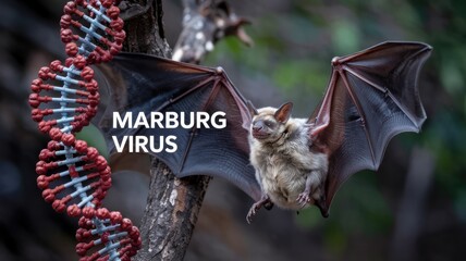 The Marburg virus. The virus causes a fatal disease. It is transmitted to humans from fruit bats. A bat, a fragment of a DNA spiral and next to it the inscription "Marburg virus".