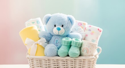 Basket with blue teddy bear, baby booties, blankets, and cup with rainbow on pastel background