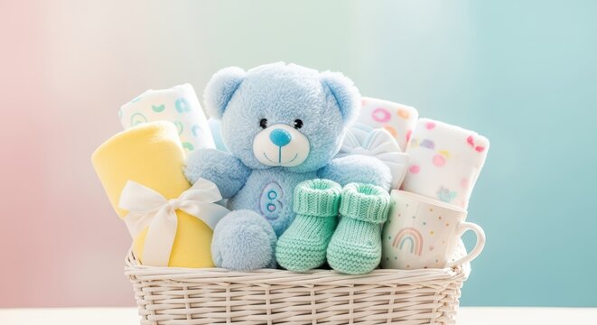 Basket with blue teddy bear, baby booties, blankets, and cup with rainbow on pastel background