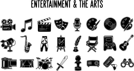 Entertainment  The Arts Vector Icons Collection. Monochrome Symbols for Film, Music, Theater, Art, Gaming, Ballet, Literature, and Creative Hobbies. Black and White 