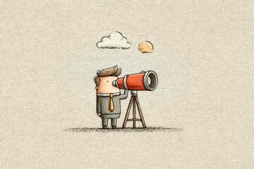 Cartoon business man with a telescope on a tripod exploring ideas and future possibilities