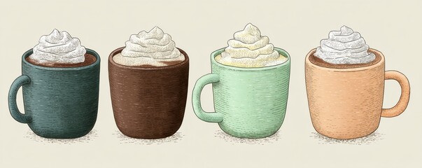 Four colorful mugs with whipped cream topping in pastel tones pictured in a cute vector illustration