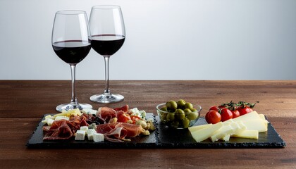 Elegant Red Wine Glasses with Cheese and Charcuterie Board on Rustic Wooden Table Against a Clean White Background