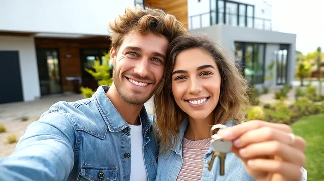 Portrait of a happy young couple standing in front of their new house, with keys in hands, smiling man and woman posing near modern home, making selfie, real estate agency, house o