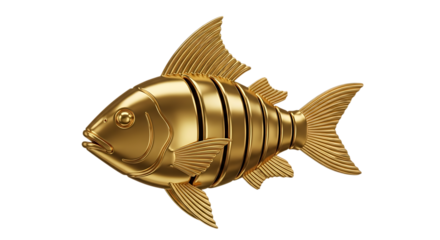 Gleaming golden fish sculpture with segmented body and detailed fins, isolated on a transparent background, cutout, PNG