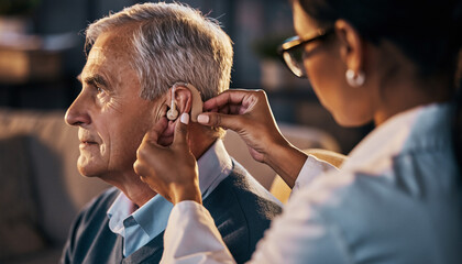 A compassionate healthcare professional meticulously helps an elderly man adjust his hearing aid, providing vital support for enhanced auditory experience