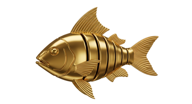 Gleaming golden fish sculpture with segmented body and detailed fins, isolated on a transparent background, cutout, PNG