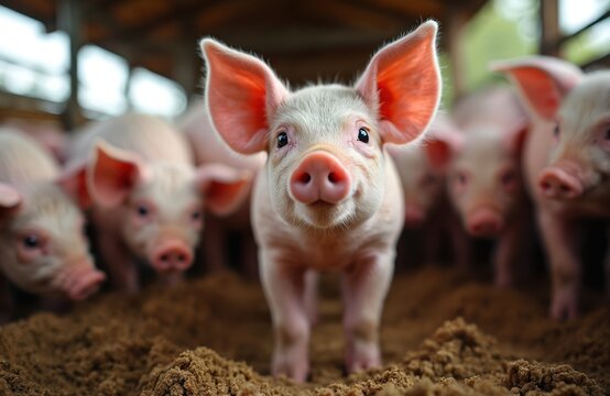 Cute piglet looks at camera among group of piglets eating food inside barn. Livestock animals feed on ranch. Pig farming business concept. Piglets portrait on farm. Concept of agriculture. - Powered by Adobe