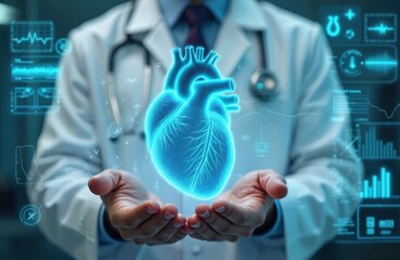Doctor holds glowing blue heart model showing anatomy. Digital screens display vital signs and data. Cardiology research and heart health checkup.