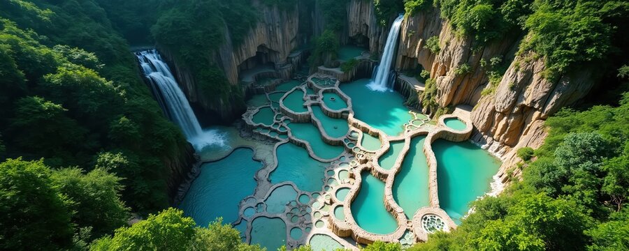 Aerial view of terraced hot springs with turquoise water cascading down mountainside. Multiple pools build in rock formations, surrounded by rich green flora. Scenic spa vacation, relaxation, escape.