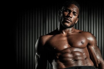 Obraz premium Male fitness model performing sit-ups, showcasing muscular abs and sweaty athletic physique in a dynamic studio shot