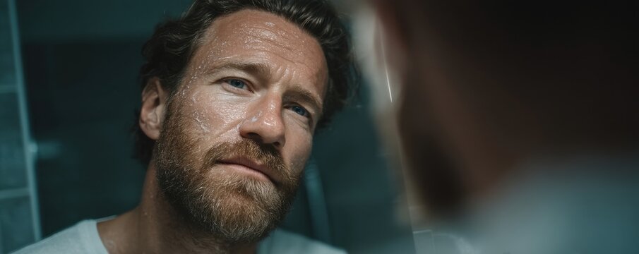 Contemplative man in his mid-30s gazes into a bathroom mirror with sweat and beard - Powered by Adobe