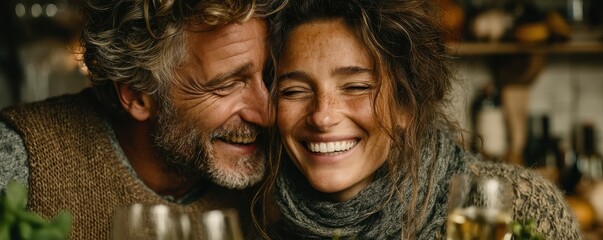 Middle-aged couple sharing a warm, joyful moment in a cozy kitchen