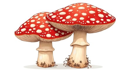 Enchanting fly agaric mushrooms with vibrant red caps and delicate white spots, perfect for whimsical designs and fairy tale illustrations
