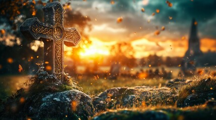 An old stone cross stands in a misty graveyard at sunset, surrounded by falling leaves. The scene conveys mystery, remembrance, and eerie tranquility.