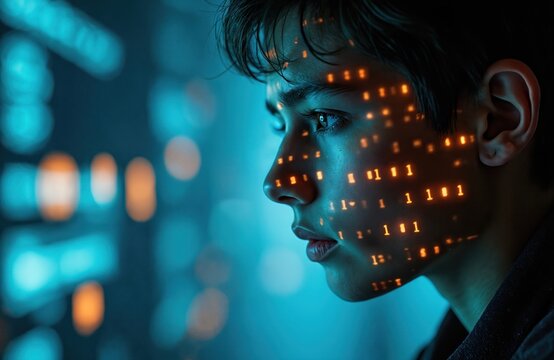 Close up photo of person face. Binary code digits are projected on face skin. Idea of digital privacy. Concept of data invasion and cyber security. Modern tech background