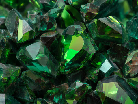 Bright green gemstones sparkle in a close-up view revealing intricate details and natural beauty of minerals