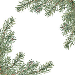 Fir branches square frame, border. Corner Compositions with Winter plants. Hand drawn watercolor illustration of pine branches. Perfect for Christmas and New Year design, winter invitations, cards