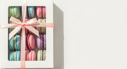 Gift box of colorful macarons with pink ribbon on white background