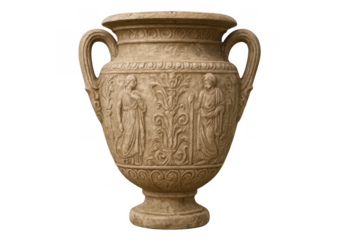 Ancient greek urn with carved figures and intricate patterns, displaying historical art and classical mythology, transparent background