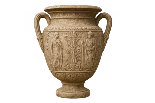 Ancient greek urn with carved figures and intricate patterns, displaying historical art and classical mythology, transparent background