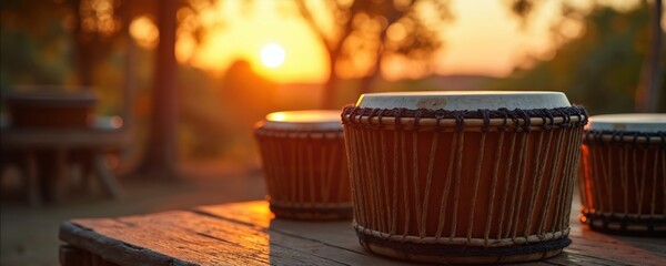 African drums sit on rustic wooden table during sunset outdoors. Warm golden light illuminates percussion instruments ready for a community music session. Peaceful twilight scene.