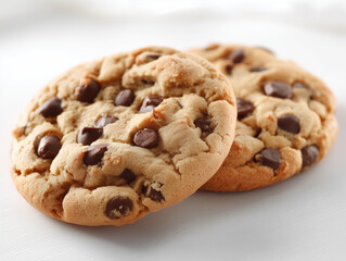 Freshly baked chocolate chip cookies on a clean, white surface ready for enjoyment