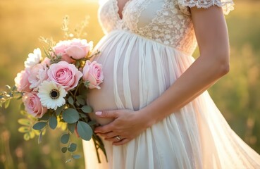 Pregnant woman holds flowers bouquet. Expectant mother in dress outdoor. Female expecting baby. Happy maternity concept. Mom with pregnancy tummy. Family time. Parenthood. Happy pregnancy,
