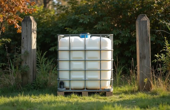 White IBC water tank in metal cage located in backyard garden near wooden fence. Plastic container for rainwater harvesting among grass. Rural area water reserve for home usage.