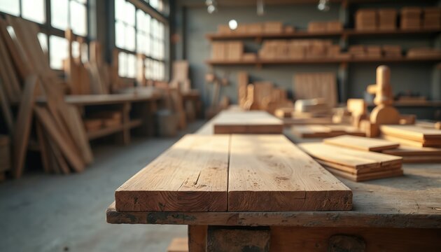 Wood planks lie on the workbench in carpentry shop. Many tools and materials are in background. Carpentry workshop is illuminated by sunlight through window. Interior is blurry and rustic.